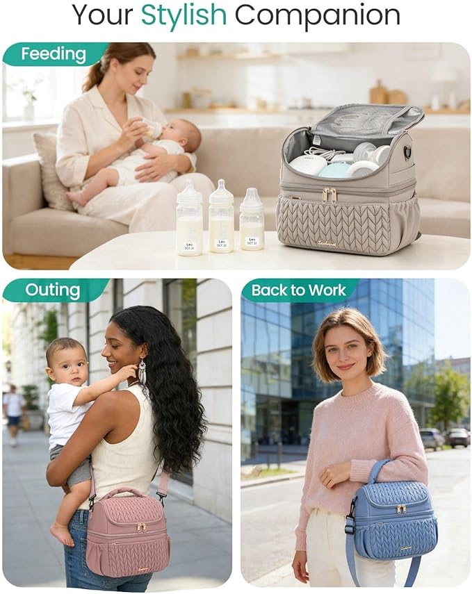 Breastmilk Cooler Bag - Large Capacity 12L & 10-Hour Insulated Bottle Cooler Bag with Detachable Divider for Tall Baby Bottles | Dual Deck Lunch Box for Women | Breast Pump Bags for Work