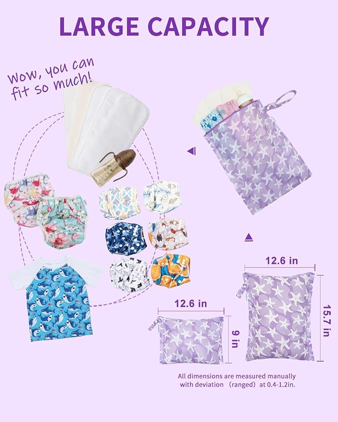 babygoal Wet Dry Bags 4 Pack, Waterproof Reusable Travel Bags for Swimsuits, Baby Cloth Diapers, Beach, Pool, Gym Bag & Wet Clothes