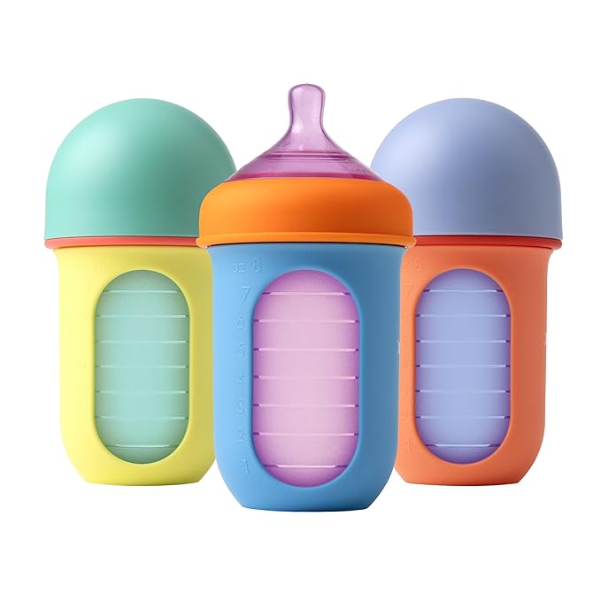 Boon Nursh Reusable Baby Bottle with Silicone Pouch Design Bundle - Stage 2 Medium Flow 8 Oz Baby Bottles, Silicone Straw Sippy Cup Conversion Lids for Nursh Bottles - 2 Count