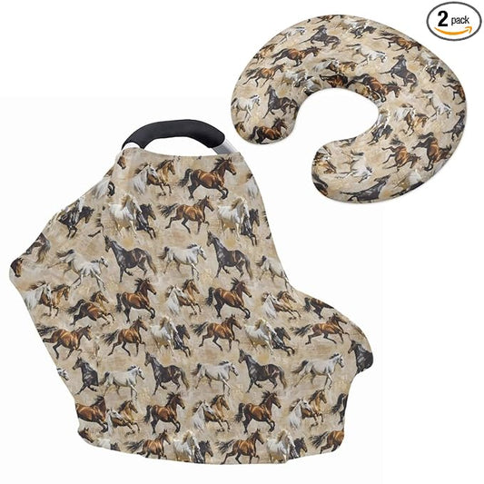 Native Running Horse Car Seat Cover with U Shaped Pillowcase Cover for Babies Multi-Purpose Soft Nursing Breastfeeding Covers for High Stretchy Infant Carseat Canopy, 2 Packs
