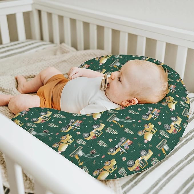 Green Christmas Construction Trucks Baby Nursing Pillow Covers for Boy Girl Dump Truck Excavator Animals Gifts Nursing Pillowcase for Breastfeeding Pillows Winter Holiday Soft Stretchy Slipcovers