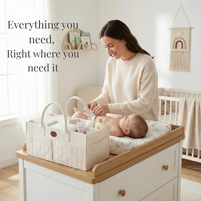 Baby Diaper Caddy Organizer for Nursery – Large Felt Storage Basket for Baby Essentials, Wipes & Diapers – Portable Nursery Organizer Bin for Changing Table or Living Room Winter White