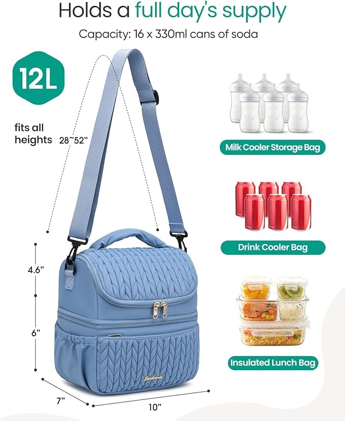 Breastmilk Cooler Bag - Large Capacity 12L & 10-Hour Insulated Bottle Cooler Bag with Detachable Divider for Tall Baby Bottles | Dual Deck Lunch Box for Women | Breast Pump Bags for Work