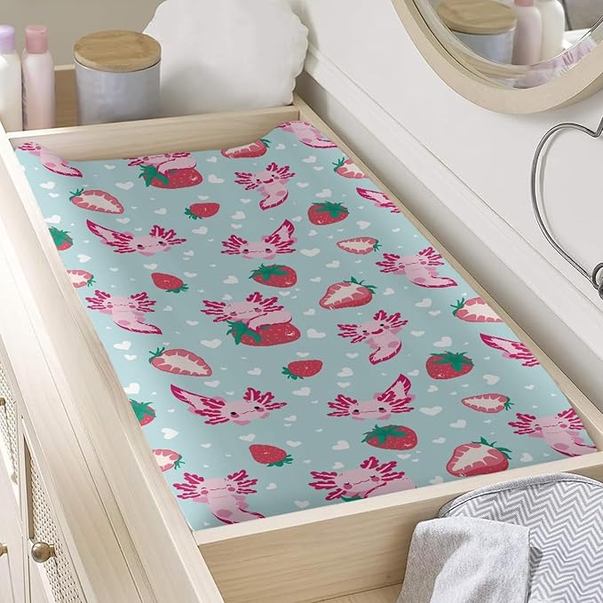GOSTONG Axolotl Strawberry Baby Changing Table Cover for Toddlers Removable Soft Breathable Stretchy Diaper Changing Pad Sheets, Newborn Washable Changing Mat Covers