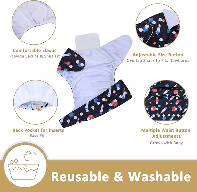 TDIAPERS Cloth Diapers Reusable Washable Pocket Diapers Cover One Size Adjustable for Baby Snaps Cloth Diapers Nappy 6 Pack with 6 Pcs Microfiber Inserts,1 Wet Bag