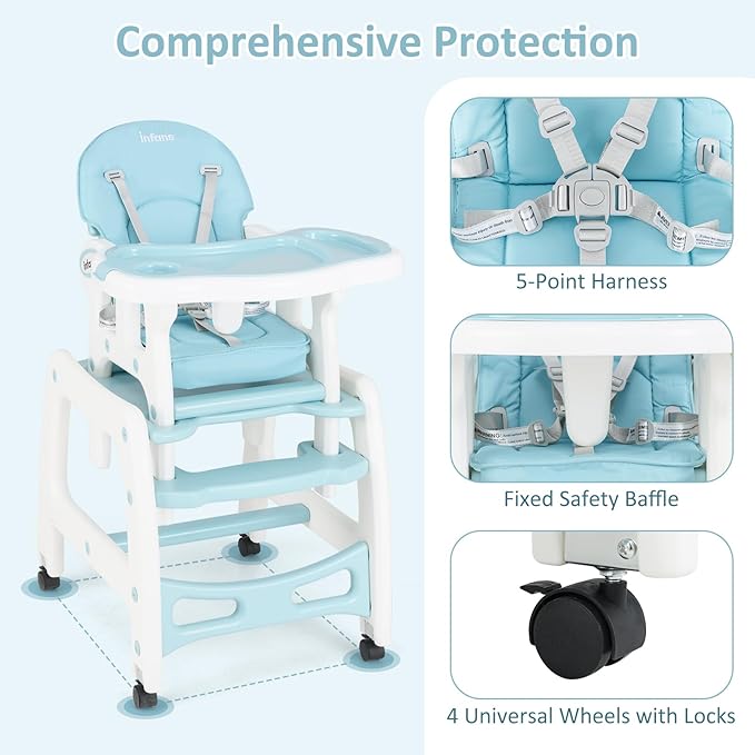 INFANS 5 in 1 Baby High Chair, Convertible Toddler Table Chair Set, Rocking Chair, Multi-Function Seat with Lockable Universal Wheels, Adjustable Seat Back, Removable Trays