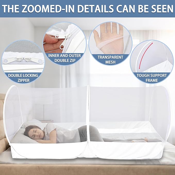 Mosquito Net for Bed - Pop Up Bed Tent - Portable Travel Mosquito Net, Mosquito Netting for Suitable for Baby, Adult Bedroom, Camping, Napping, Patio (White)