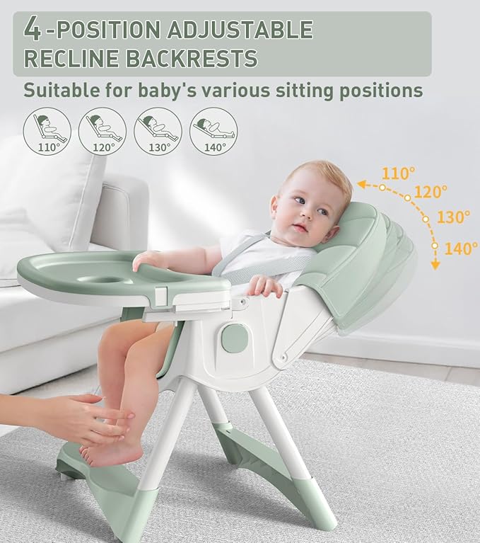 Baby High Chair, 5 in 1 High Chairs for Babies and Toddlers, Travel Foldable High Chair with Detachable PU Cushion, Double Removable Tray, Adjustable Height & Recline, Locking Wheels (Turquoise)