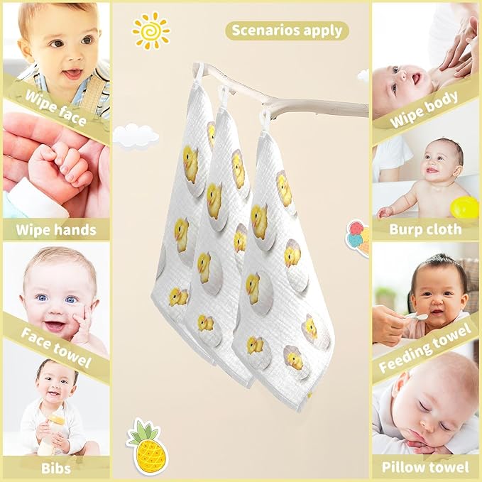 vvfelixl Baby Muslin Washcloths Yellow Chick Egg Baby Burp Cloths Cotton Babys Face Towel for Newborn Infants Boys Girls Soft and Absorbent 11.8 X 11.8 in, 3 Pack