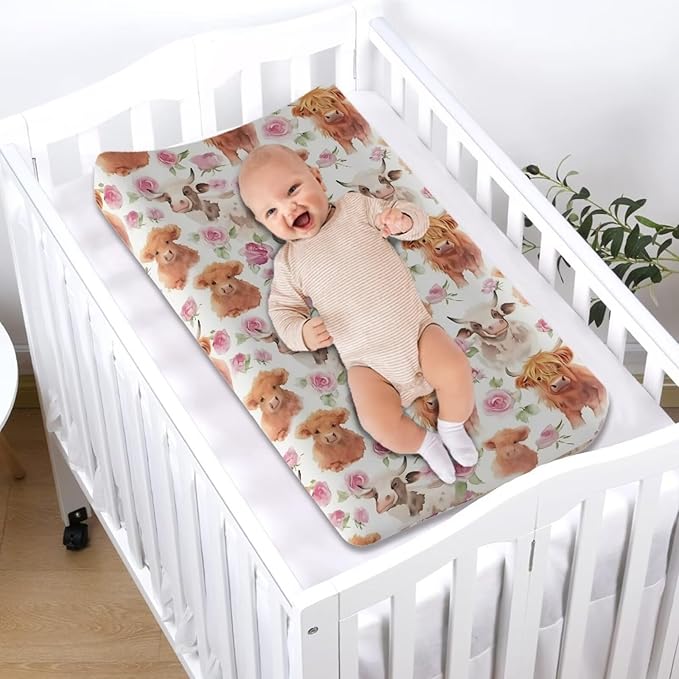 Highland Cow Cattle Changing Pad Cover for Baby Diaper Change Table Covers Soft Stretchy Unisex Diaper Change Table Sheets 32x16 Inch Cradle Mattress Sheets