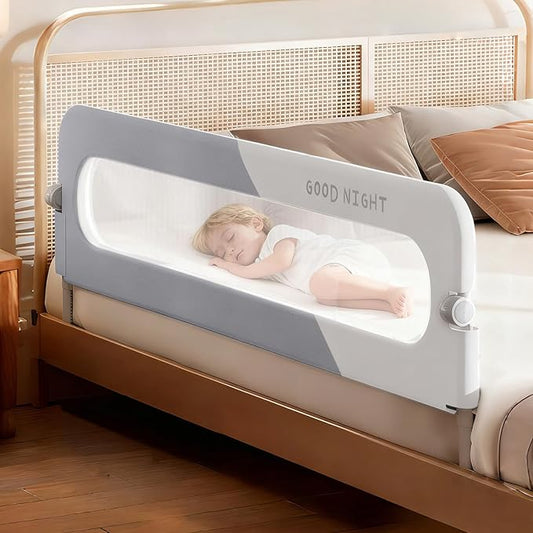 Bed Rail for Toddlers, 71" Foldable Baby Bed Rail Guard with Drilled-Free Installation, Adjustable Height, Suitable for Twin, Full, Queen & King Size (Gray Patchwork, 71inch)