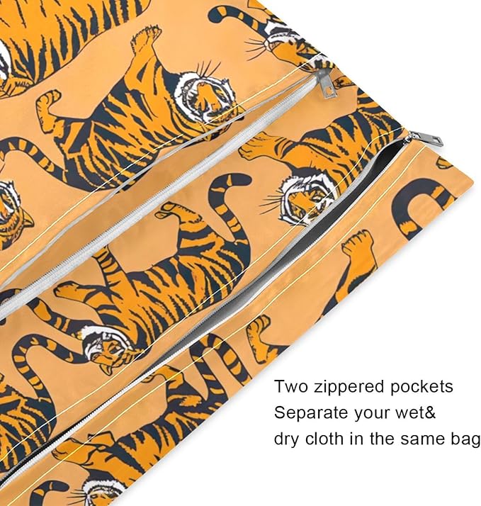 2 Pack Cute Tigers Cloth Diaper Wet Dry Bags,Waterproof Reusable Wet Bag with Two Zipper Pockets& Handle,Washable for Swimming,Travel,Beach,Pool or Wet Clothes