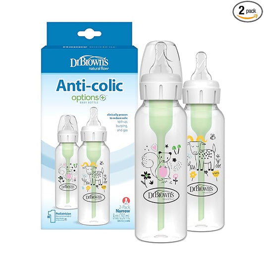 Dr. Brown's Natural Flow Anti-Colic Options+ Narrow Baby Bottle, Goat and Squirrel, 8 oz/250 mL, with Level 1 Slow Flow Nipple, BPA Free, 0m+, 2-Pack