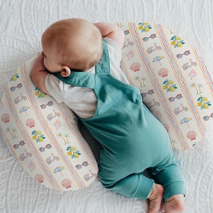 Boho Summer Beach Baby Nursing Pillow Covers for Girl Retro Lemon Palm Tree Sunglass Seashells Nursery Pillowcase for Breastfeeding Pillows Coastal Seaside Soft Stretchy Slipcovers for Newborn Infant