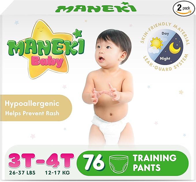 Maneki Baby Hypoallergenic Potty Training Pants 3T–4T, 76 Count (26–37 lbs), Pull-On Diaper Pants & Training Underwear, Soft, Unscented & High Absorbency for Overnight & Daily Use (Pack May Vary)