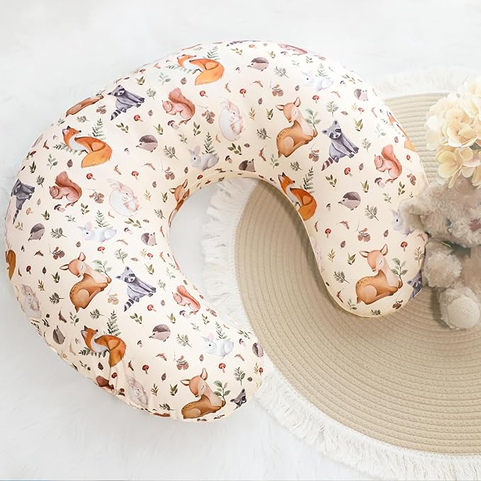 Nursing Pillow Cover for Baby Boy and Girl, Ultra Soft Comfortable Stretchy Removable Slipcover for Newborn Breastfeeding Pillows, Woodland Animals