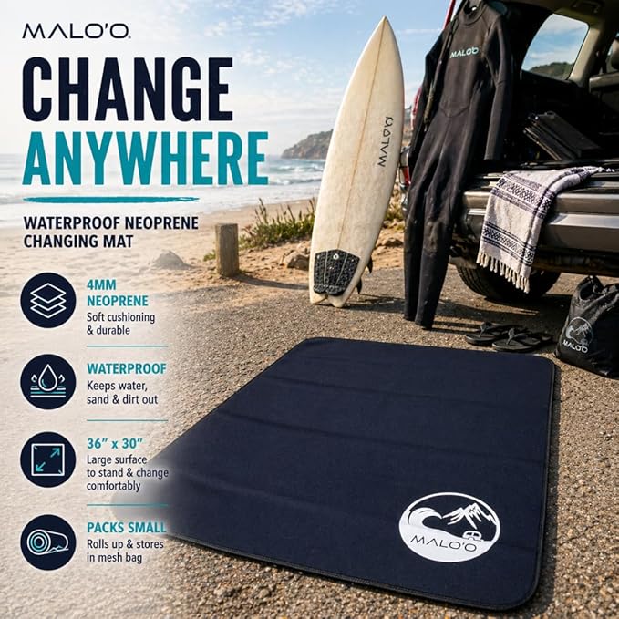 Malo’o Changing Mat – 4mm Neoprene Waterproof Surf Changing Mat, 36” x 30” Portable Wetsuit Changing Pad with Mesh Storage Bag, Quick-Dry Outdoor Mat for Beach, Camping, Van Life & Travel