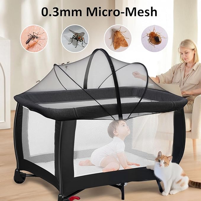 Mosquito Net for Pack n Play, Pack and Play Cover, Travel Crib Net to Keep Cats Out, Crib Tent with 2-Way Zipper for Playpen, Mini Crib, Black