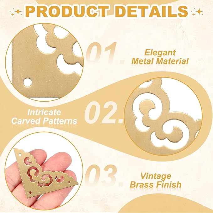 uxcell 4Pcs Brass Corner Protector 1.8 Inch Metal Corner Protector with Mounting Nails Box Edge Guard Retro for Cabinets Speaker Corners Furniture Decorative (Brass)