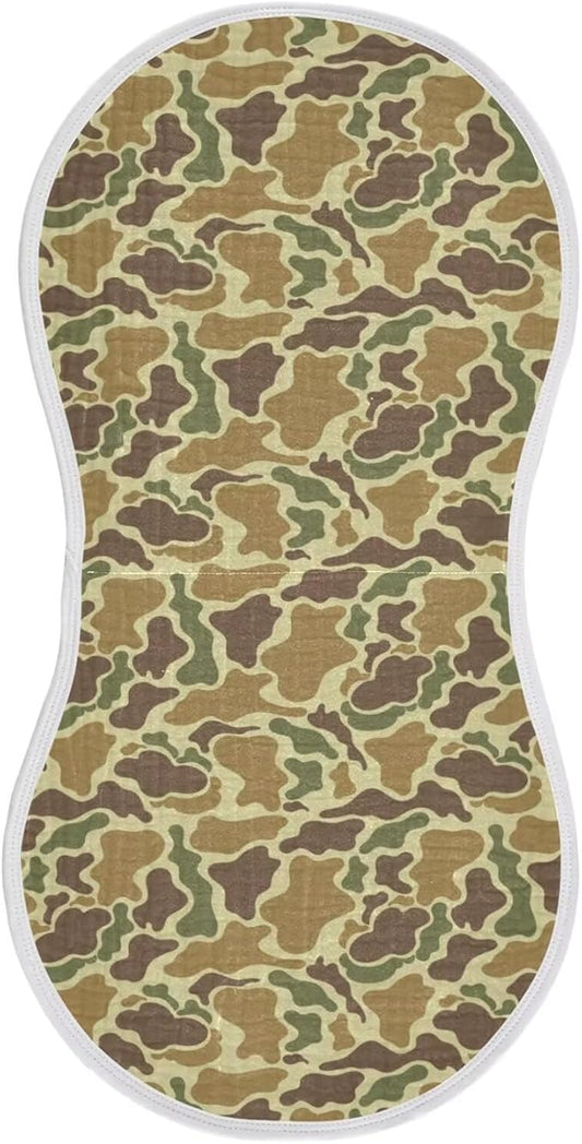 Baby Muslin Burp Cloths Set of 1 Vintage Camo Green Muslin Washcloths Camouflage Retro Brown Army Milk Spit Up Rags Soft Newborn Towel Burp Cloth Bib for Unisex Boys and Girls, 22 x 11 Inch