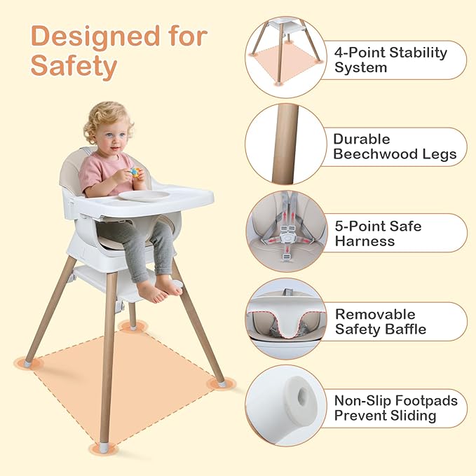 9 in 1 Convertible Baby High Chair with Booster, Wooden Highchair for Babies and Toddlers with Removable Tray & 5-Point Harness, Multi-Functional Growing Seat for Feeding, Learning & Play, Beige