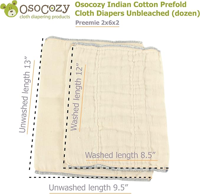 OsoCozy Unbleached Prefold Cloth Diapers 100% Cotton, Durable, Soft, Absorbent, Sustainable & Economical - dims, Fits size range. - (Size)