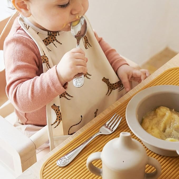 KINGSTONE Toddler Utensils Gift Set, 3-Piece Fork, Spoon & Knife, Large Size, 18/10 Stainless Steel, Cat & Dog Print, Ergonomic Kids Flatware for Self-Feeding, Ideal Birthday or Children Shower Gift