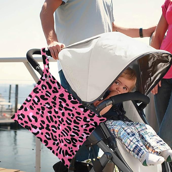visesunny Leopard Skin Pink Pattern 2Pcs Wet Bag with Zippered Pockets Washable Reusable Roomy for Travel,Beach,Pool,Daycare,Stroller,Diapers,Dirty Gym Clothes, Wet Swimsuits, Toiletries
