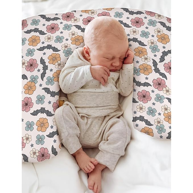 Boho Floral Halloween Bats Baby Nursing Pillow Covers for Boy Girl Vintage Fall Autumn Flowers Nursery Pillowcase for Breastfeeding Pillows Spooky Gothic Soft Stretchy Slipcovers for Newborn Infant
