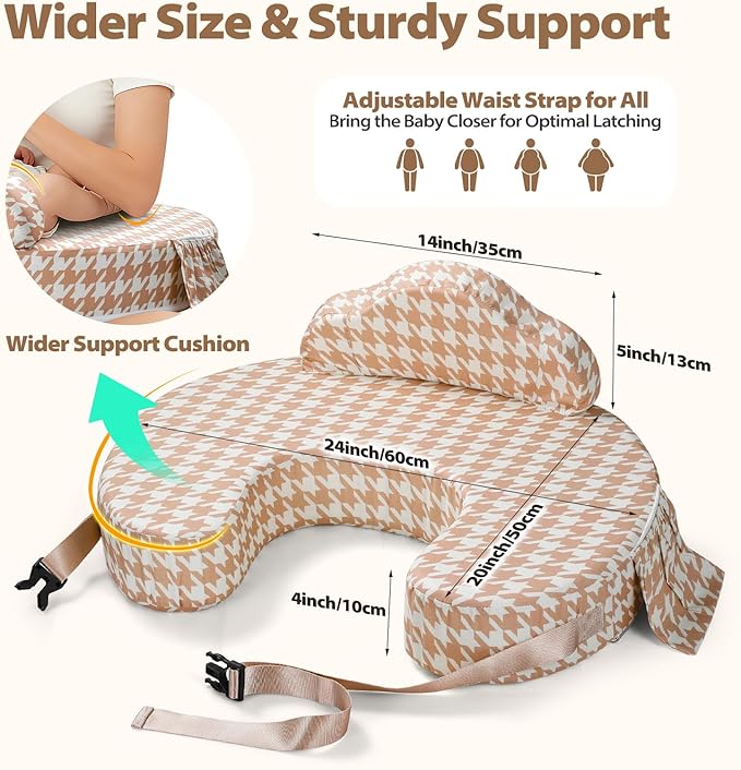 Nursing Pillow -Memory Foam Bottle & Breastfeeding Pillow with Safety Fence -Ergonomic Support, with Wider Breast Feeding Cushion, Adjustable, Removable Cover, Baby Safety Certified Houndstooth