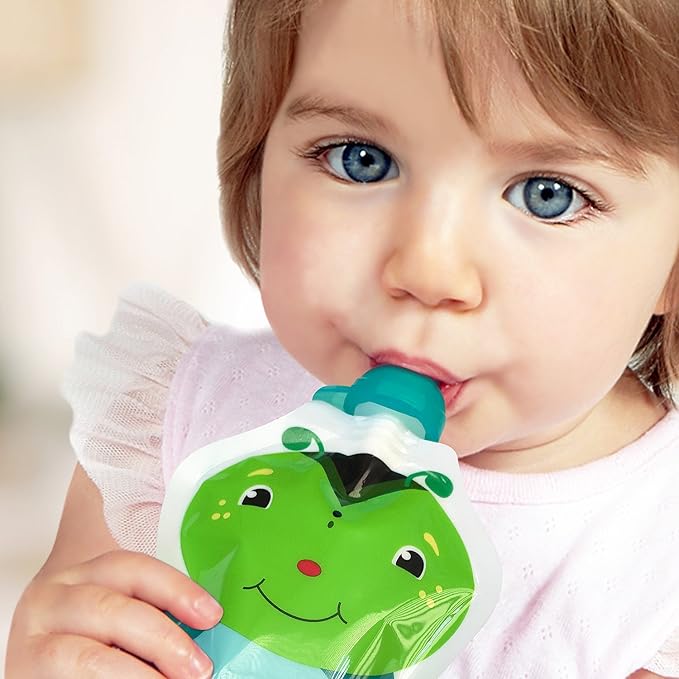 ChooMee SoftSip Food Pouch Tops + Reusable Baby Food Pouches, Fill with Baby food, Applesauce and Purees | Wide Double Zipper Bottom, BPA Free | 4 CT 5oz + 2 SoftSip
