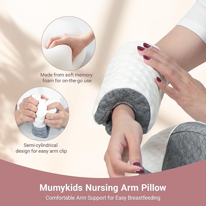 Elevated Nursing Pillow with Arm Pillow, Ergonomic Safety Memory Foam Breastfeeding Pillow, Adjustable Strap, Wider Cushion, Removable Cover & Side Pocket for Breastfeeding & Bottle Feeding