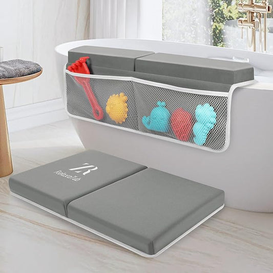 Bath Kneeler and Elbow Rest Pad Set - 2-Inch Thick Comfortable Baby Bath Kneeler Pads, Quick-Dry Non-Slip Bathtub Mat with Toy Organizer for Knee & Arm Support for Baby Bath Time