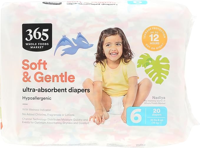 365 by Whole Foods Market, Soft & Gentle Size 6 Diapers with Wetness Indicator, Ultra-Absorbent, Hypo-Allergenic, Ultra-Absorbent, 20 Count