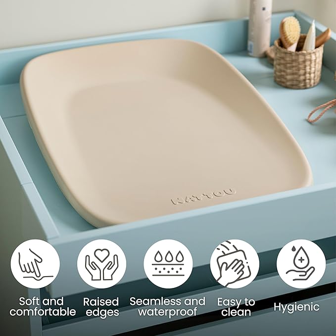 Nattou Softy Changing Pad - Wipeable Baby Changing Mat- Durable, Water-Resistant, Cocoon Shape with Honeycomb Bottom Grips BPA-Free, Assimilates Room Temperature - Beige