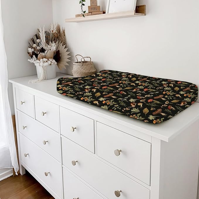 Vintage Mushroom Forest Baby Changing Pad Covers Retro Mushrooms Snail Flowers Leaves Nursery Diaper Changing Table Sheets for Boy Girl Soft Breathable Stretch Fitted Change Table Mats 32''x16''
