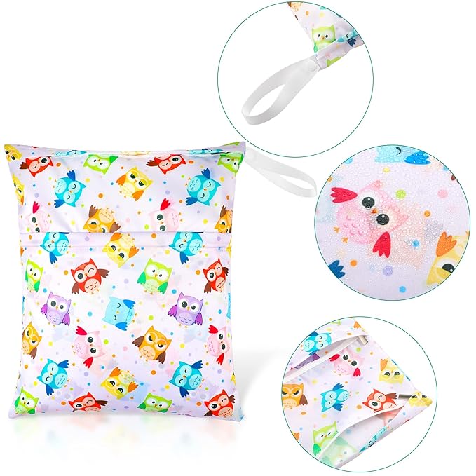 Frienda 4 Pieces Cloth Diaper Wet Dry Bag, Waterproof Reusable Washable Bag for Baby Items and Travel Zippered Pockets with Handle, Beach, Swimsuit, Dirty Gym Clothes and Toiletries(Animal)