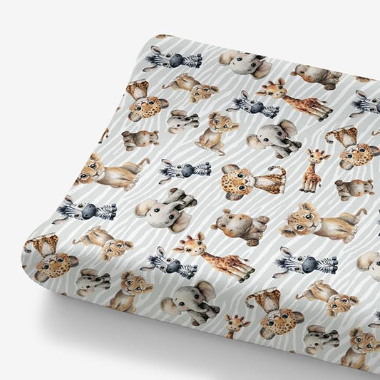 HawSkgFub African Safari Jungle Animals Changing Pad Cover Baby Girls Boys, Giraffe Elephant Leopard Lion Zebra Diaper Change Table Sheet, Soft Stretchy Safe Snug Fitted Changing Mat Fit 32"/34" x 16"