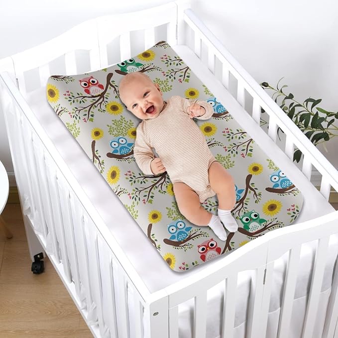 GOSTONG Girls Boys Changing Pad Cvoer with Owl Flower Pattern Elastic Soft Changing Mat Sheets Fits 32"x16" Diaper Changing Table, Lightweight & Machine Washable