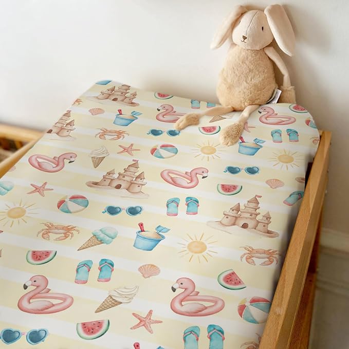 Summer Beach Seaside Changing Pad Covers for Baby Girls Boys Ice Cream Sand Flamingo Sun Fitted Change Table Pad Covers Mats Boho Travel Vacation Soft Diaper Changing Pad Sheets 32''×16''