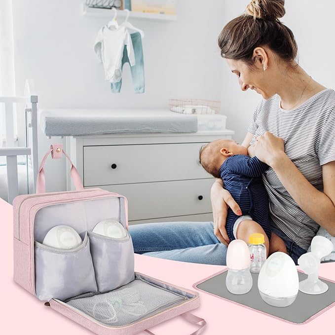Wearable Breast Pump Bag with Cooler Compartment Compatible with Momcozy M5/S12 Pro, Elvie & Medela Pump in Style, Carrying Case with a Ice Pack & Waterproof Mat for Breast Pump and Accessories,Pink