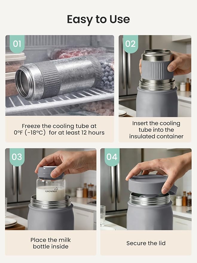 Grownsy 22oz Portable Breast Milk Cooler, 360° Stainless Steel Chiller Keeps Breastmilk Fresh for 24H, No Ice Crystals,Milk Cooler with 2 Baby Bottles for Work & Travel, Baby Breastfeeding Essential