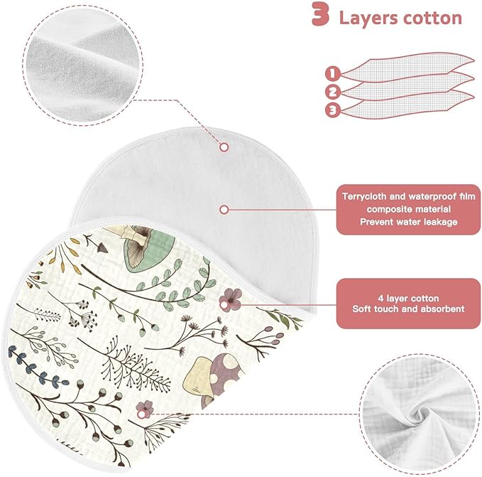Moudou Mushroom Muslin Baby Burp Cloths 4 Pack, Super Absorbent Soft Cotton Burping Rags Feeding Bibs for Newborn Boys Girls