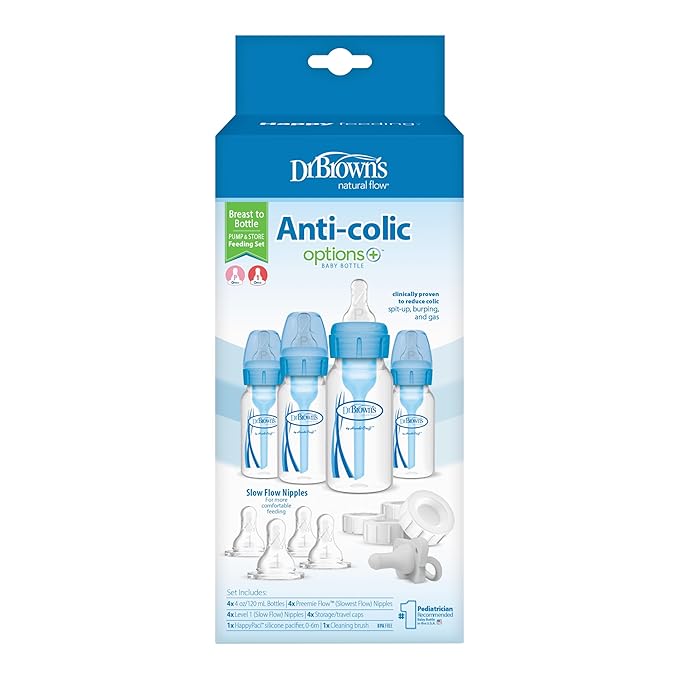Dr. Brown's Natural Flow Anti-Colic Options+ Narrow Breast to Bottle Pump & Store Feeding Set with S & Reusable Sponge Baby Bottle Cleaning Brush with Suction Cup Stand