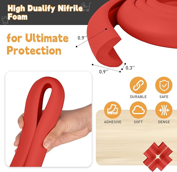 Thick Corner Edge Protector for Baby Proofing, 6.56Ft Furniture Edge Bumper with 10 L-Shaped & Soft Foam Corner Guards,Adhesive Baby proofing Bumper for Table, Small Toddler Bed (Red)