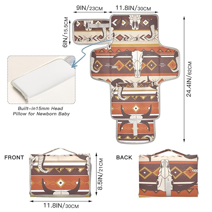 Western Aztec Portable Diaper Changing Pad - Waterproof Foldable Baby Diaper Changing Pad with Built-in Pillow, Travel Diaper Changing Mat for Newborn Baby