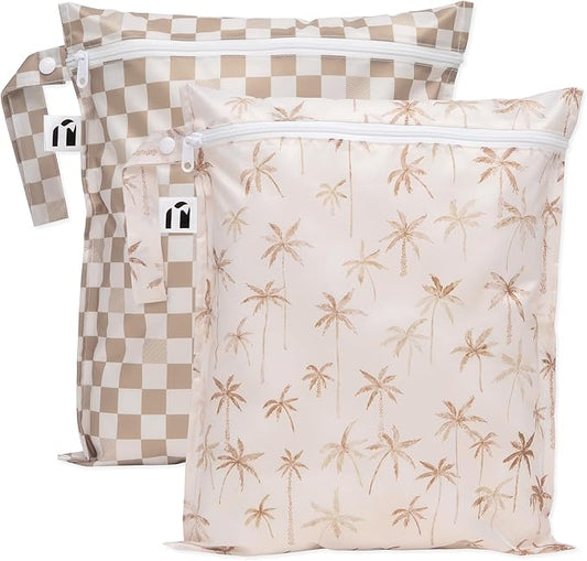 Bumkins Roamio - Waterproof Wet Bag - For Baby, Travel, Swim Suit, Cloth Diapers, Pump Parts, Pool, Gym, Toiletry, Strap to Stroller - Reusable & Easy to Clean - 2pk - Beige Check