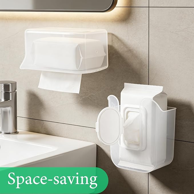 3Pcs Wall-Mounted Wipes Dispenser, Flushable Wipe Holder for Bathroom, Wet Tissue Dispenser Container, Refillable Kitchen Wipes Storage Box for Toilet Bathroom Bedroom (Transparent)