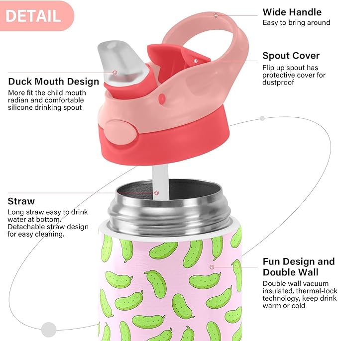 Kawaii Panda Kids Water Bottle with Straw and Carry Handle Cute Bear Pink Vacuum Insulated Stainless Steel Bottles Leak-Proof for Boys Girls Toddler 12 oz Pink Lid