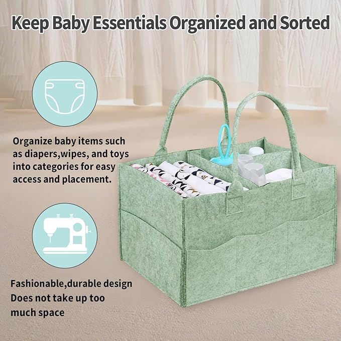 2 Pack Diaper Caddy Organizer, Portable Baby Caddy Organizer with Handle, Collapsible Nursery Storage Bin and Gift Baskets for Girls and Boys - Newborn Essentials, Baby Shower Gifts (Green)